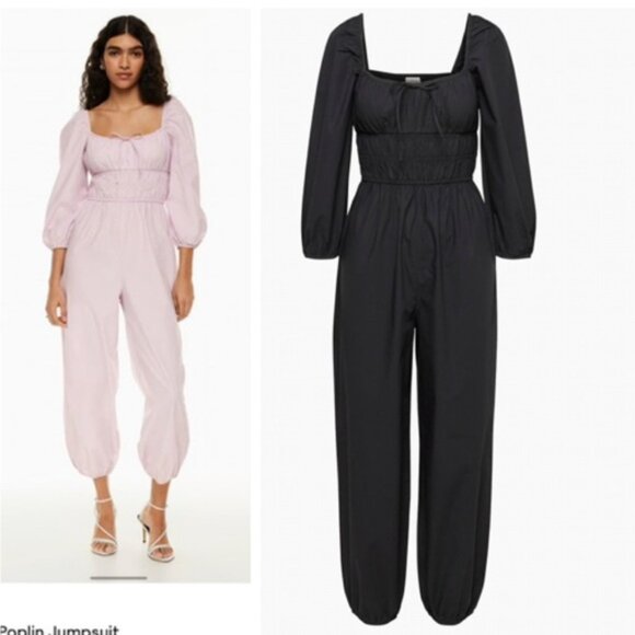 Aritzia Wilfred Waters Poplin Cotton Smocked Jumpsuit Boho Lightweight Black M - Picture 1 of 16